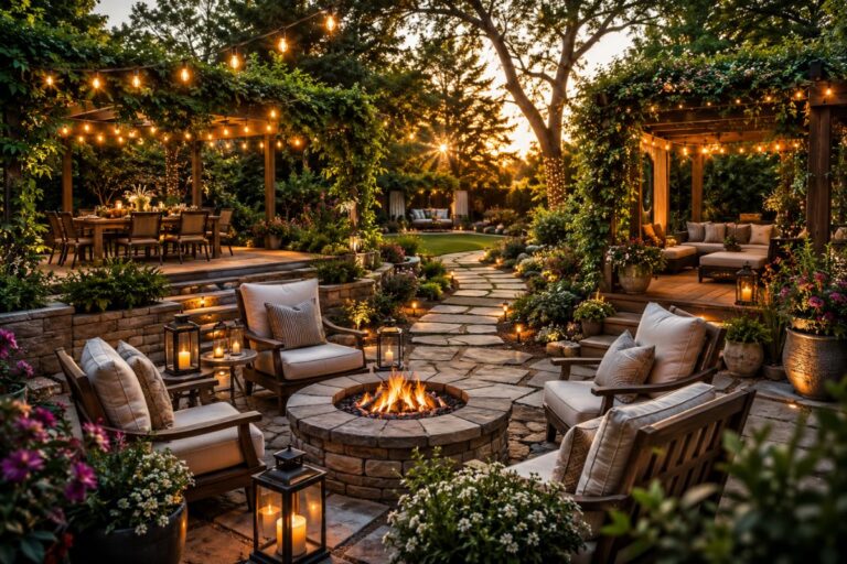 Beautiful aesthetic backyard ideas with fire pit, string lights, outdoor dining area, and garden pathway