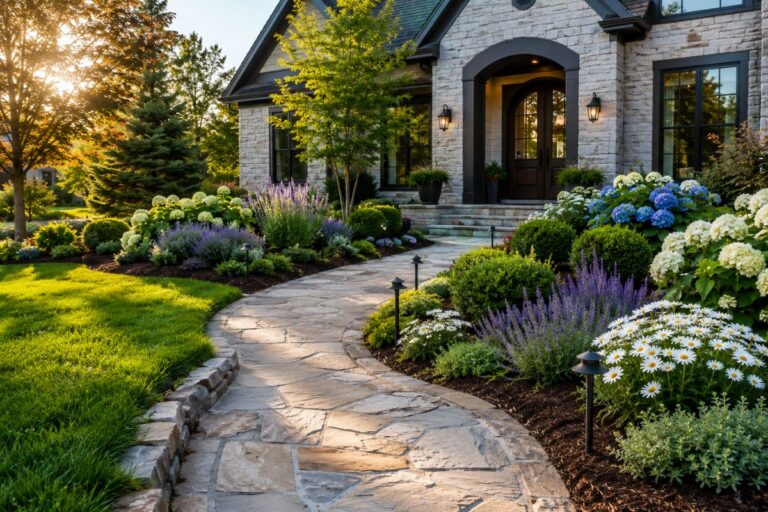 Beautiful front walkway landscaping ideas with natural stone path, colorful flowers, and modern curb appeal.