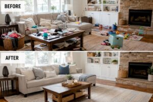 4 Easy Steps to Declutter a Room in 15 Minutes Organized living room after completing 4 easy steps to declutter a room in 15 minutes