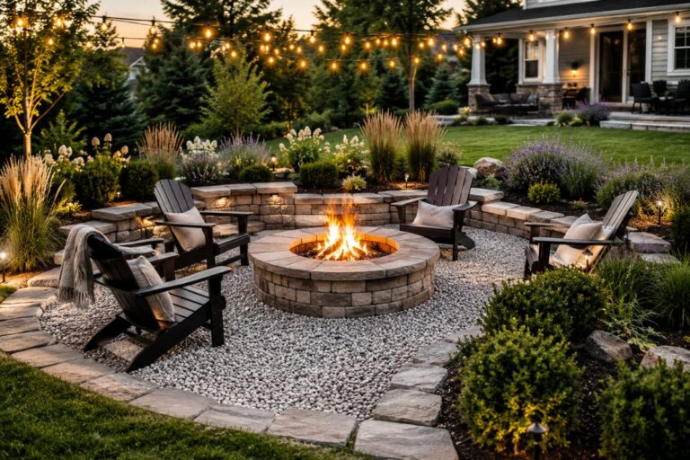 DIY fire pit landscaping with stone patio, gravel, and cozy outdoor seating