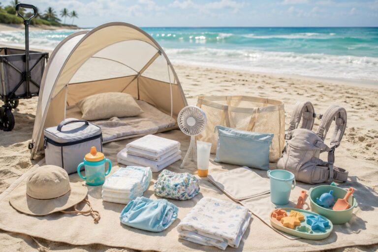 Baby beach essentials arranged on a sandy beach for a safe family beach day