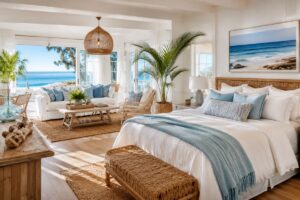 Bright beachy room inspo featuring coastal decor, woven textures, and ocean-inspired colors
