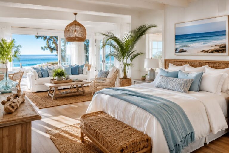 Bright beachy room inspo featuring coastal decor, woven textures, and ocean-inspired colors
