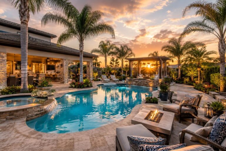 Luxury backyard pool oasis with tropical landscaping and outdoor seating