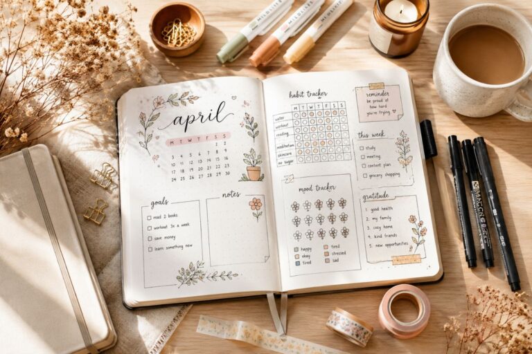 Beautiful bullet journal with aesthetic layouts, trackers, doodles, and pastel designs