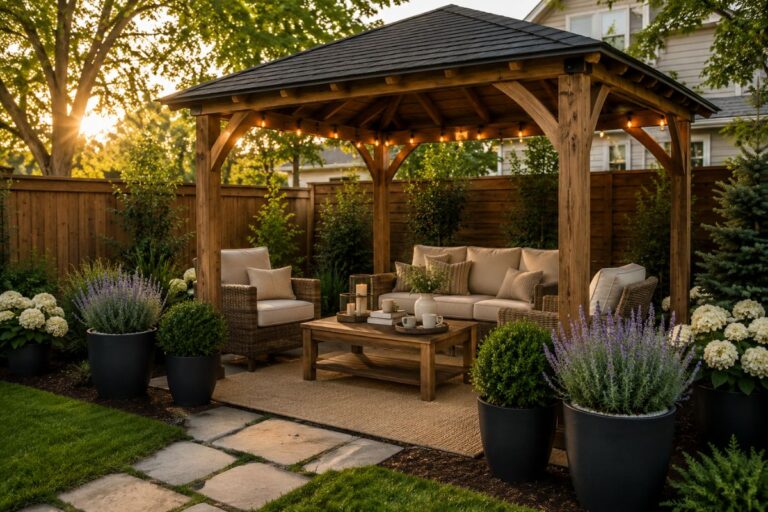 Cheap small backyard gazebo ideas with a cozy wooden gazebo, outdoor furniture, string lights, and beautiful garden landscaping.