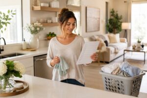 Busy working mom following a daily cleaning schedule in a bright organized home