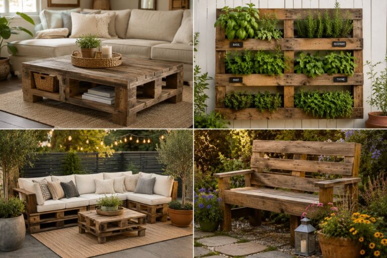 DIY wooden pallet projects including coffee table, outdoor sofa, herb garden and garden bench
