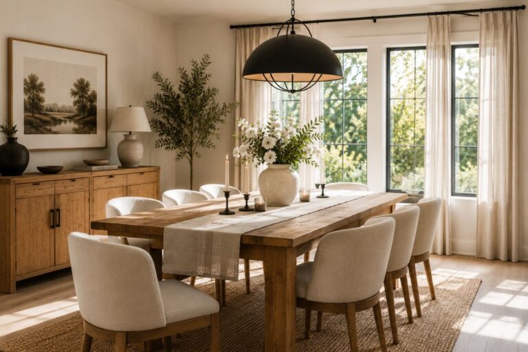 Stylish dining room with modern table decor and cozy lighting