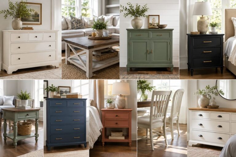 Easy DIY furniture makeover ideas featuring painted dressers, cabinets, and thrifted furniture transformations
