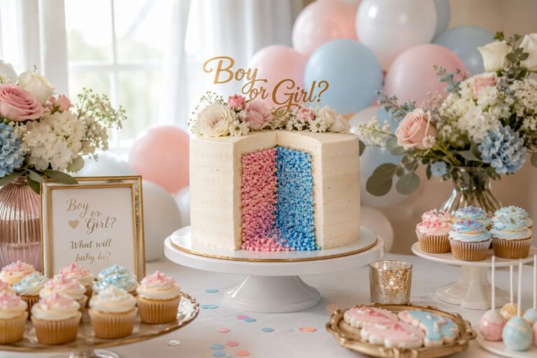 Beautiful gender reveal cake with pink and blue surprise filling for a baby reveal party