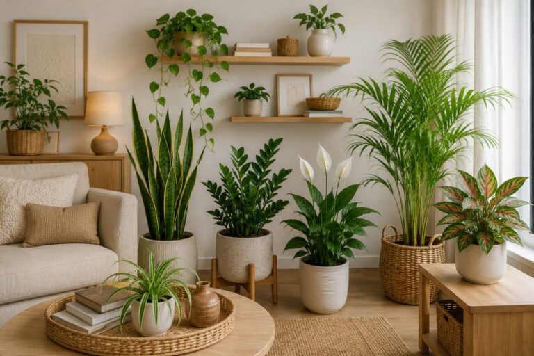 Indoor plants for low light displayed in a cozy living room with natural home decor