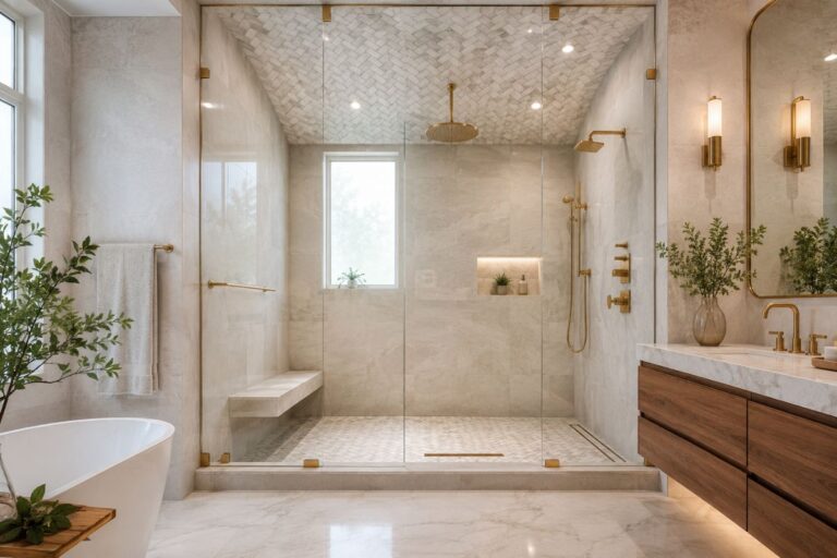 Modern bathroom with a beautifully tiled shower ceiling and luxury design