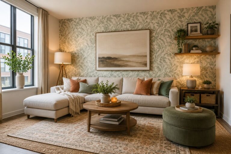 Stylish rental living room decorated with renter-friendly decor ideas