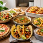 15 meatless meals vegetarian recipes displayed on a family dinner table
