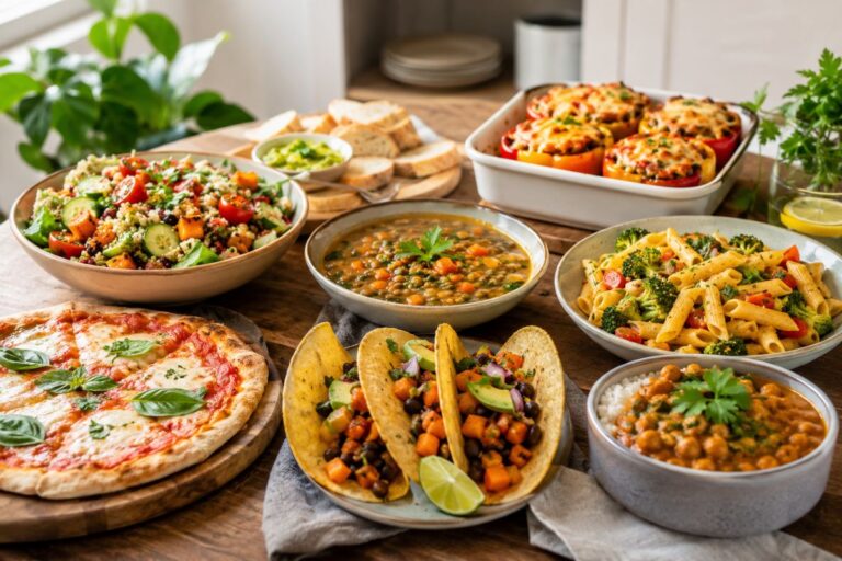15 meatless meals vegetarian recipes displayed on a family dinner table