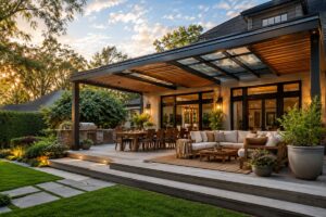 Modern backyard showcasing different stylish patio roof ideas with comfortable outdoor seating.