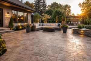 Modern stamped concrete patio with outdoor seating and landscaping inspiration