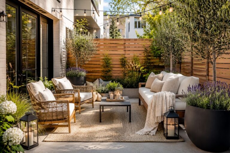 Tiny townhome patio ideas with cozy outdoor seating, plants, string lights, and modern decor.