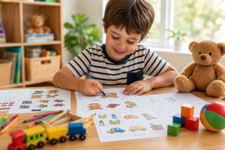 Child enjoying printable toys worksheets with matching, counting, and coloring activities at a study table.