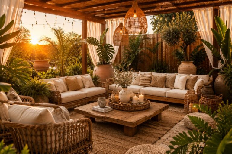Luxury tropical bohemian patio with rattan furniture, tropical plants, and cozy outdoor lighting.
