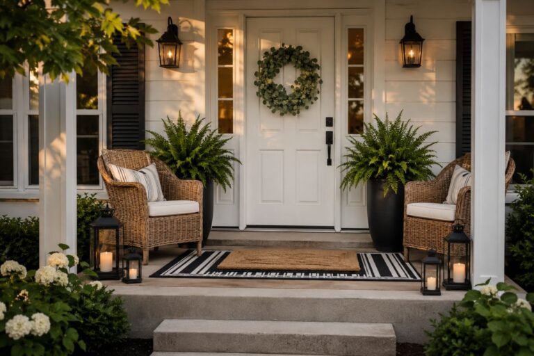 Beautiful small front porch decorated with cozy seating, plants, lanterns, and a welcoming front door