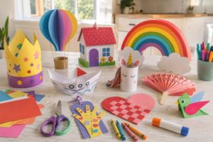 Easy paper crafts for kids made with colorful paper and simple craft supplies