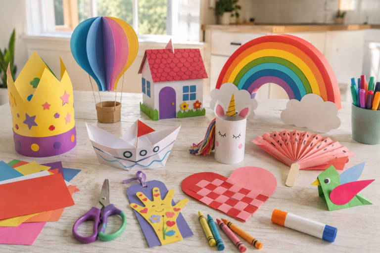 Easy paper crafts for kids made with colorful paper and simple craft supplies