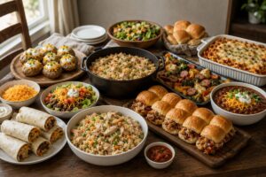 A farmhouse dining table filled with affordable homemade dinner ideas including chicken and rice, baked pasta, chili, sliders, potatoes, burritos, and vegetables for feeding a large family.
