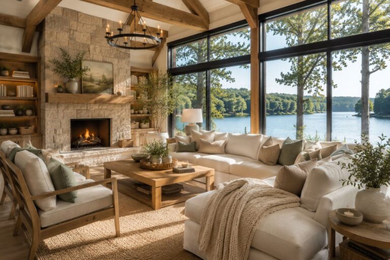 Beautiful lake house interior with warm wood beams, stone fireplace, large lake view windows, neutral furniture, and cozy modern rustic decor.