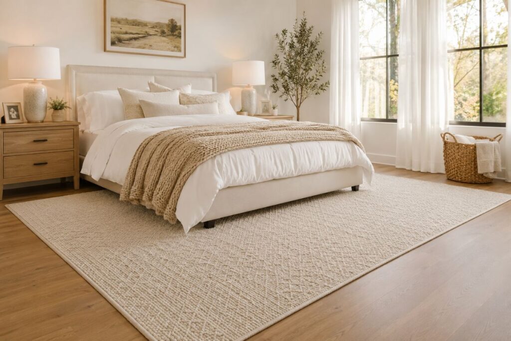 Best bedroom rug ideas for women featuring a cozy modern bedroom with a large neutral area rug under the bed.