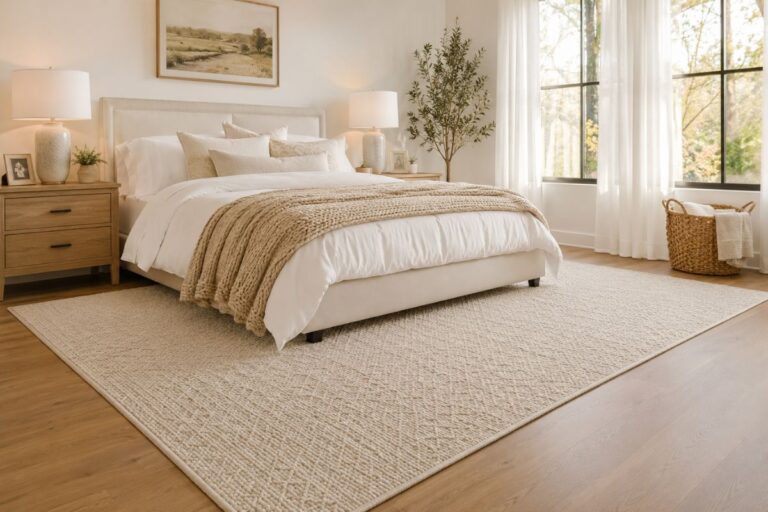 Best bedroom rug ideas for women featuring a cozy modern bedroom with a large neutral area rug under the bed.