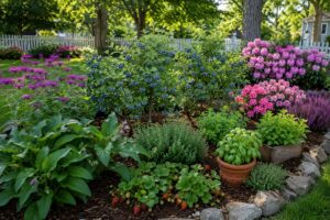 12 Best Blueberry Companion Plants for Bigger, Sweeter Harvests Healthy blueberry bushes growing with colorful companion plants in a backyard garden