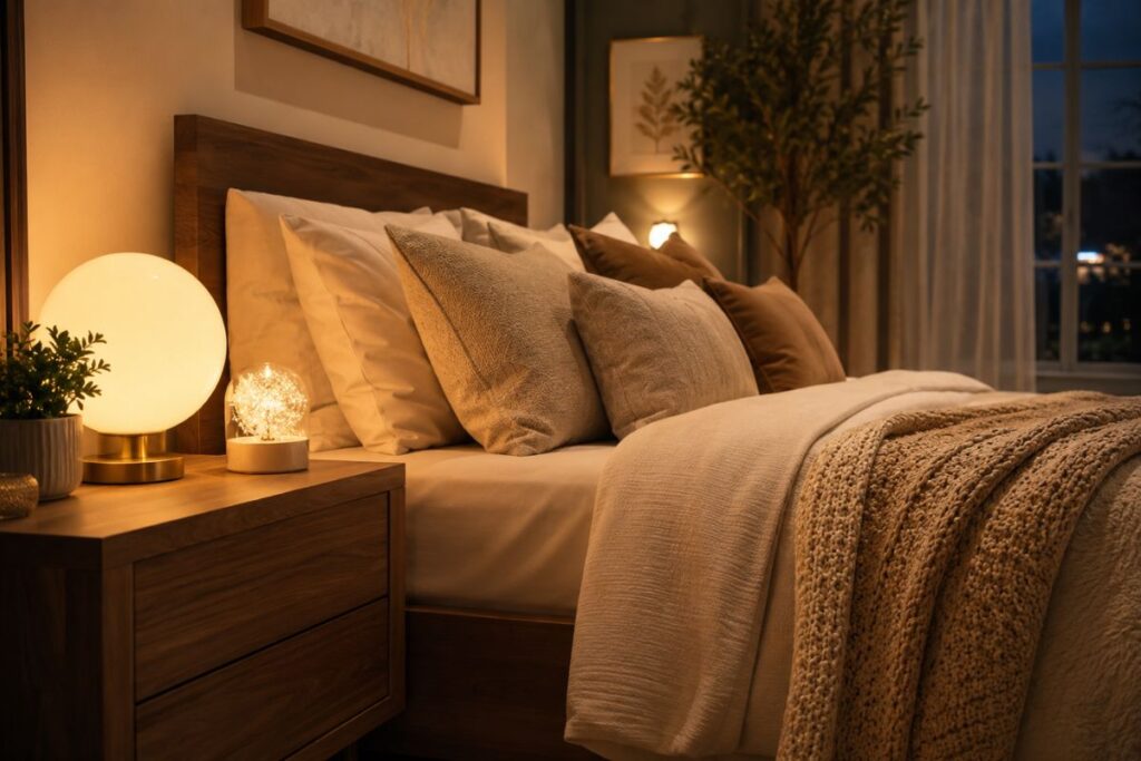 A cozy modern bedroom featuring elegant ambient lighting with warm LED night lights on bedside tables, soft glowing lamps, decorative home accessories, and a relaxing atmosphere perfect for bedrooms and home decor inspiration.