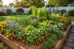 Healthy strawberry garden with companion plants including marigolds, borage, garlic, thyme, chives, and asparagus growing together in a raised garden bed.