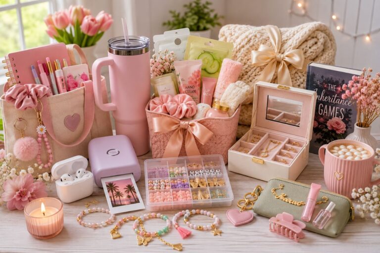Birthday gifts for teenage girl including personalized jewelry, tumbler, gift basket, and cozy accessories