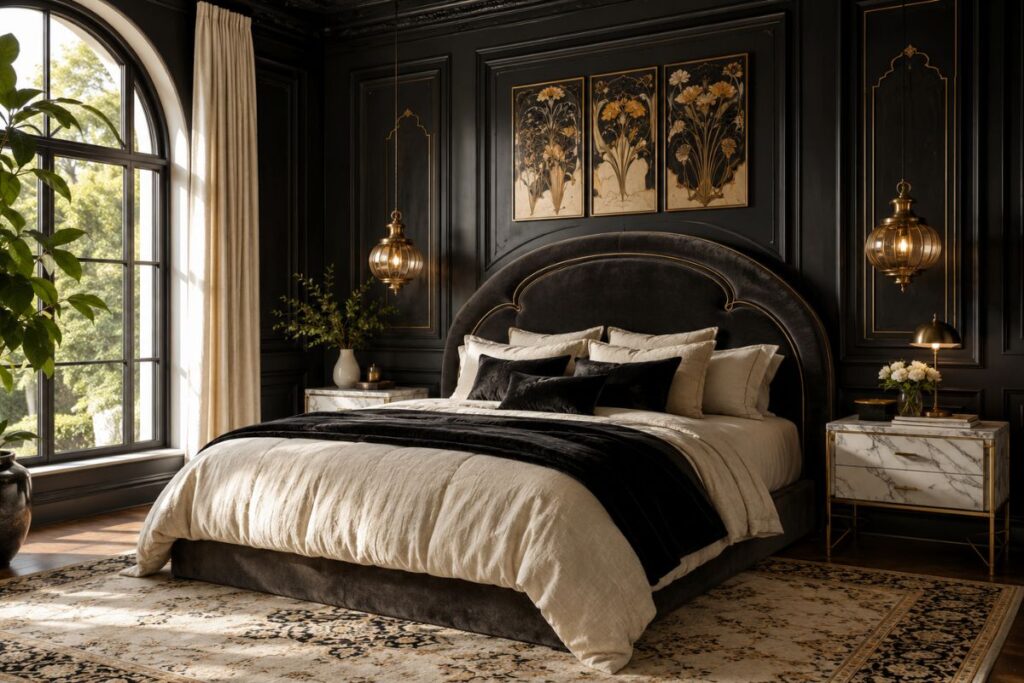 Black nouveau bedroom with matte black walls, curved furniture, gold lighting, velvet bedding, and elegant Art Nouveau decor.