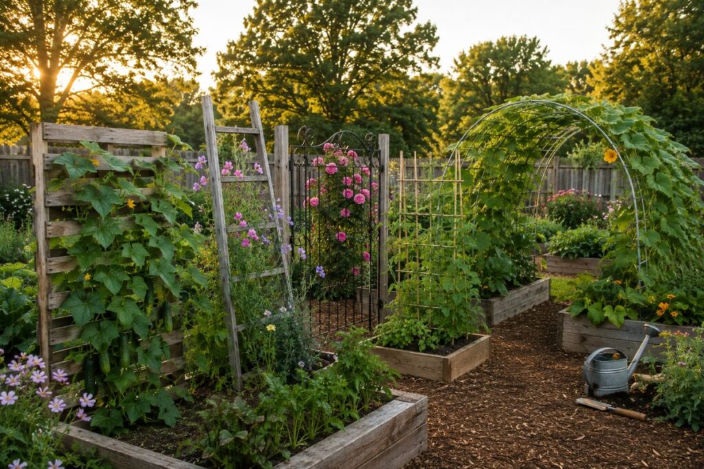 Brilliant recycled garden trellis ideas using reclaimed materials in a beautiful backyard garden