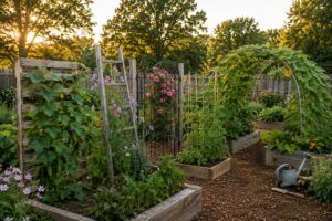 Brilliant recycled garden trellis ideas using reclaimed materials in a beautiful backyard garden