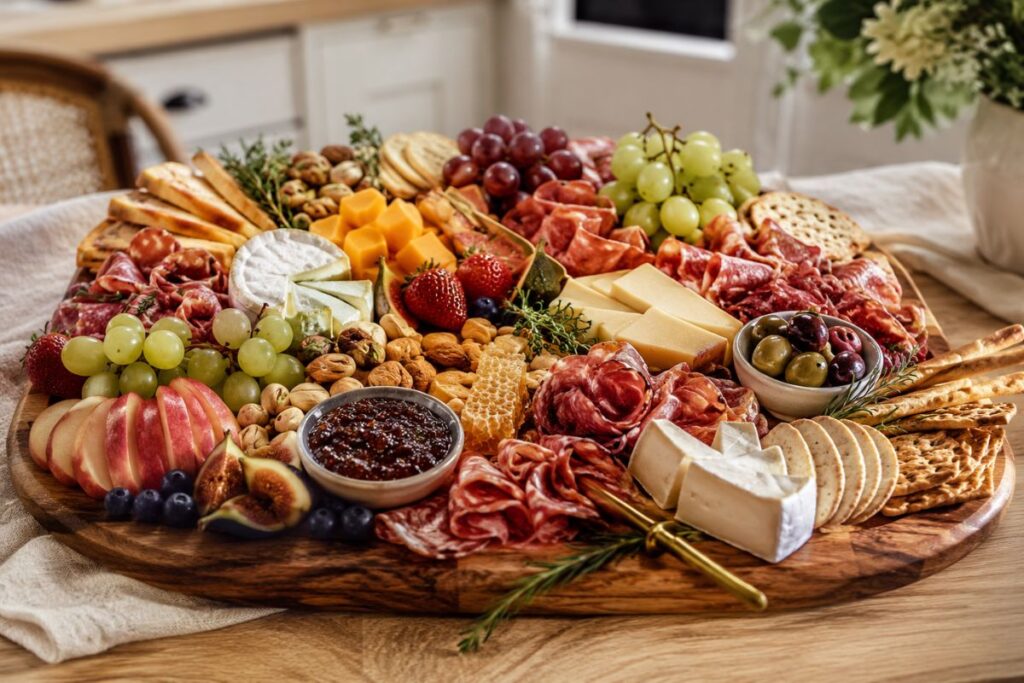 Beautiful charcuterie platter ideas with cheese, meats, fruit, crackers, and nuts