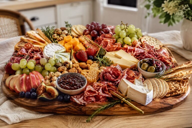 Beautiful charcuterie platter ideas with cheese, meats, fruit, crackers, and nuts