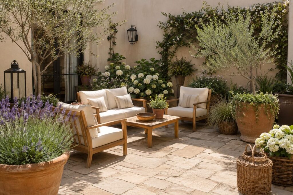 Beautiful courtyard garden with plants, outdoor seating, and stone pathway