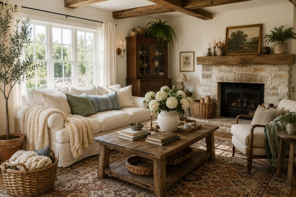 Cozy cottage living room with neutral colors, vintage furniture, fireplace, layered textiles, plants, and natural light.
