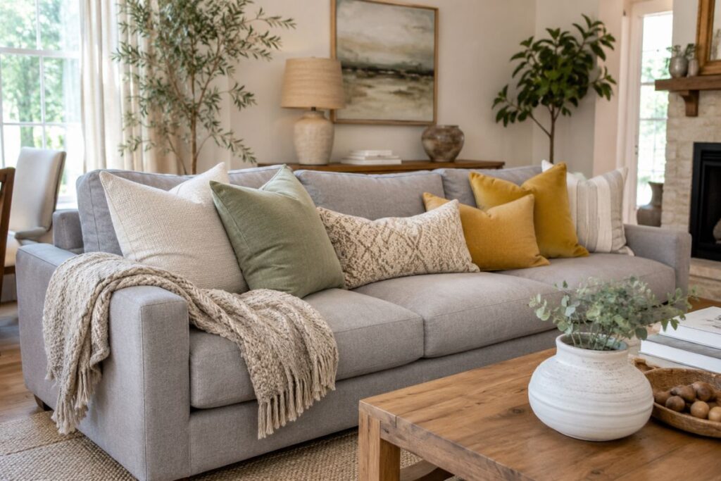 beautiful grey sofa with stylish cushions in a cozy living room