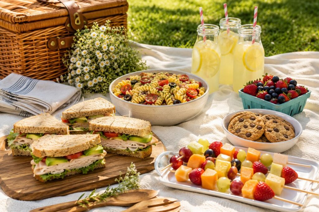 A beautiful outdoor picnic setup with fresh sandwiches, colorful fruit, pasta salad, lemonade, cookies, and a woven picnic basket on a cream picnic blanket during a sunny summer afternoon.