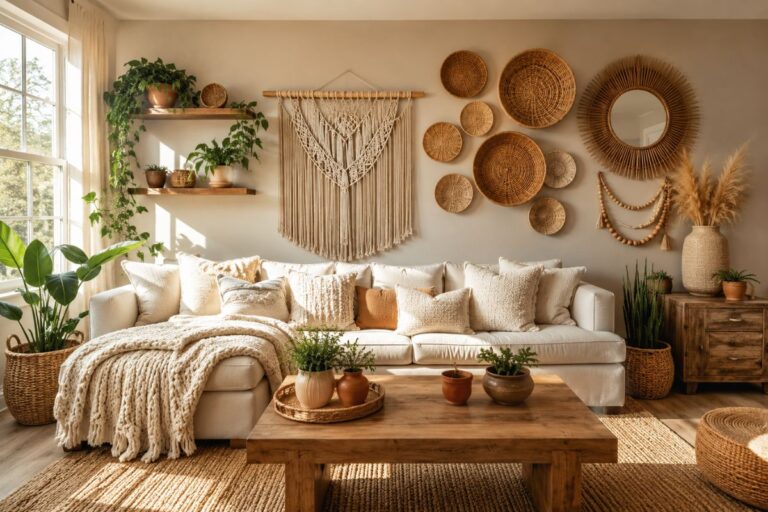 DIY boho wall decor ideas featuring macrame wall hanging, woven baskets, rattan mirror, and natural home decor