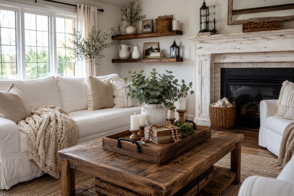 DIY Farmhouse Decor: 14 Easy Ideas to Create a Cozy Rustic Home on a Budget DIY farmhouse decor ideas with rustic wooden furniture, mason jars, floating shelves, woven baskets, and cozy farmhouse living room