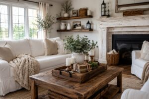 DIY Farmhouse Decor: 14 Easy Ideas to Create a Cozy Rustic Home on a Budget DIY farmhouse decor ideas with rustic wooden furniture, mason jars, floating shelves, woven baskets, and cozy farmhouse living room