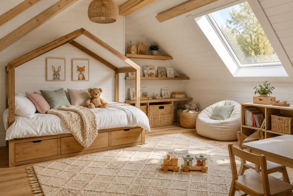 Easy attic bedroom ideas for kids with cozy house bed, skylight, and smart storage