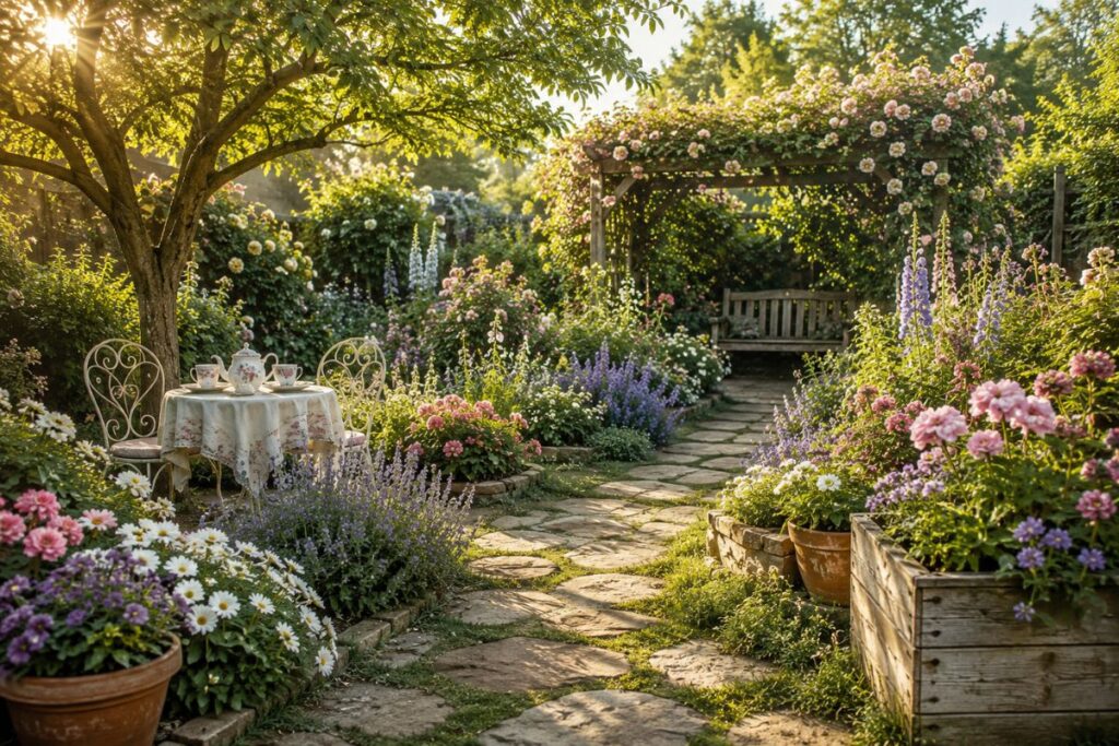 Easy cottagecore backyard with wildflowers, stone path, pergola, and cozy seating
